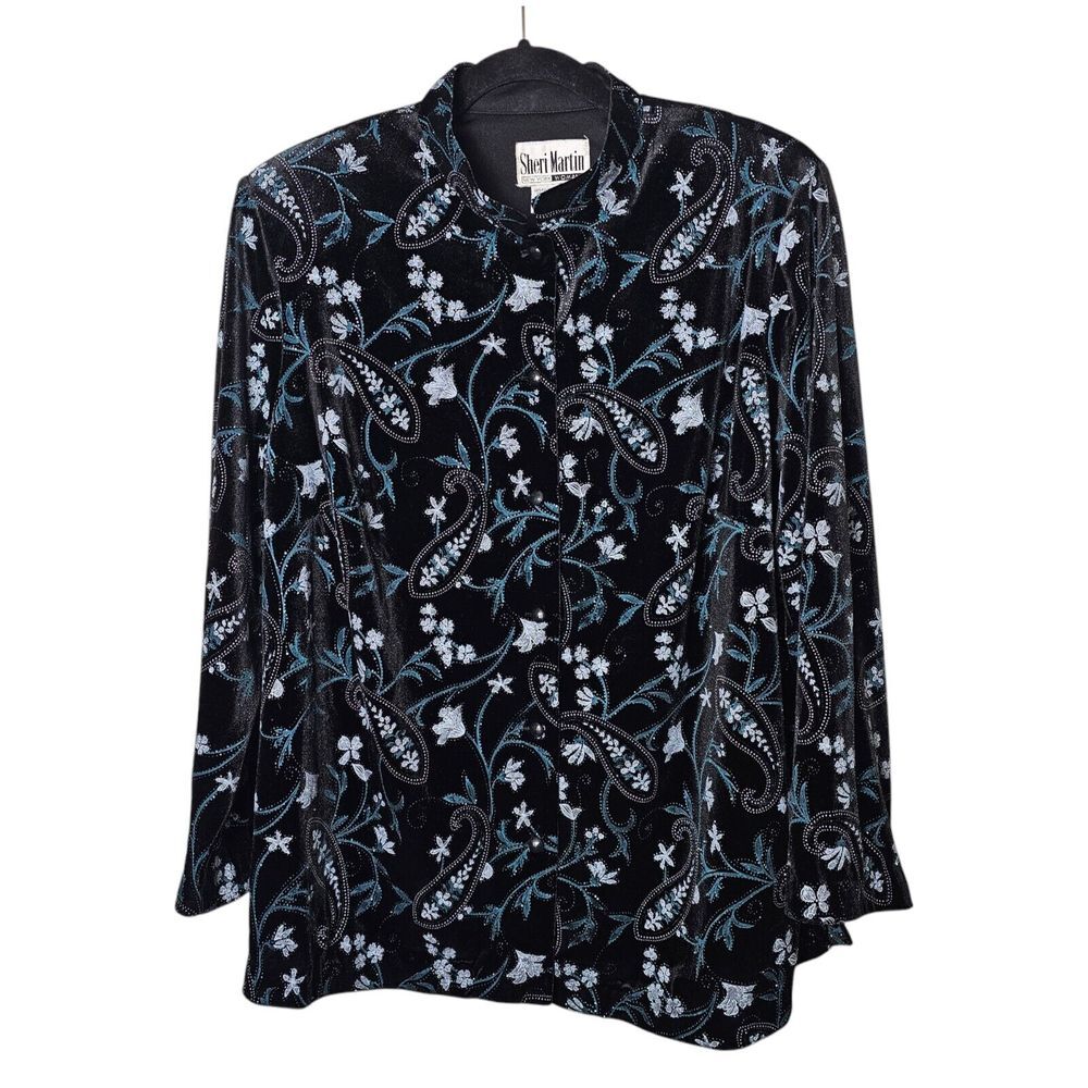 VTG Velvet Button Up 20W Shirt Black Blue Silver Relaxed Fairy Floral Fairygoth